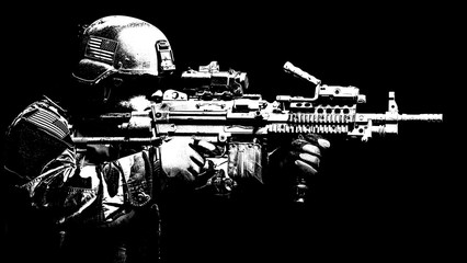 United states Marine Corps special operations command Marsoc raider with machine gun. Studio shot...