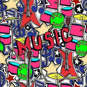 Vector seamless pattern. Rock n roll symbols, music, drums, guit