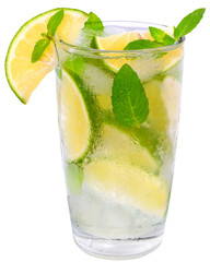 mojito cocktail with lime and leaf mint isolated