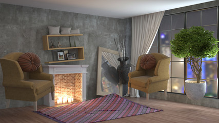 Obraz na płótnie Canvas Zero Gravity furniture hovering in living room. 3D Illustration