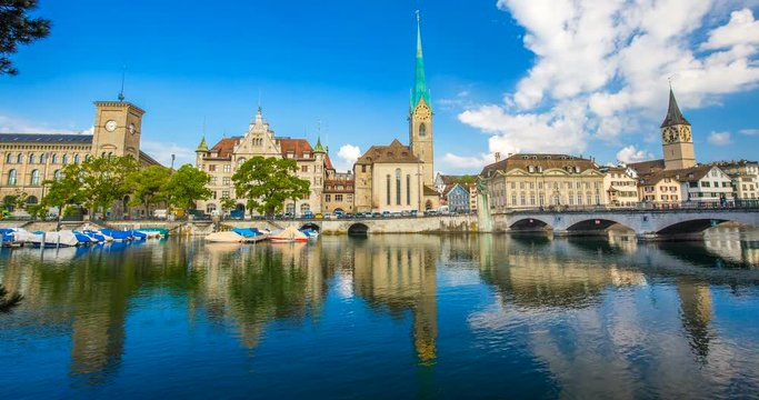 Historic Zurich city with famous Grossmunster Church, Limmat river and Zurich lake, Switzerland