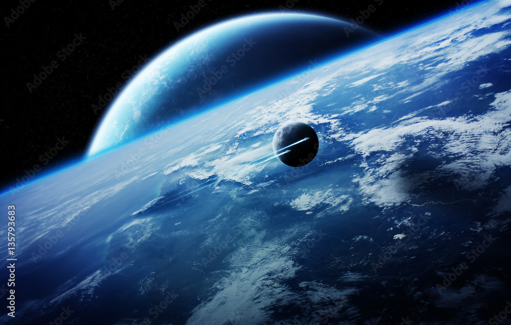 Aufkleber sunrise over distant planet system in space 3d rendering element