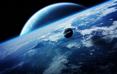Sunrise over distant planet system in space 3D rendering element