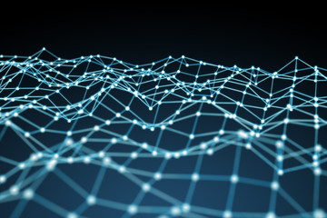 Floating white and blue dot network 3D rendering