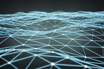 Floating white and blue glowing dot network 3D rendering