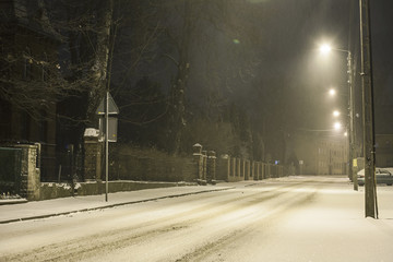 Small town by snowy night