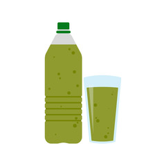 Plastic bottle with green fruit or vegatable juice and glass of juice or lemonade. Flat web icon. Vector illustration