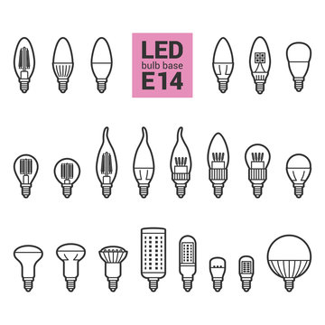 LED light bulbs with E14 base, vector outline icon set on white background