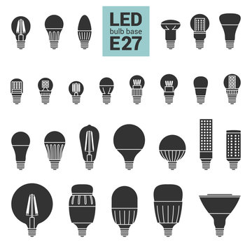 LED light bulbs with E27 base, vector silhouette icon set on white background