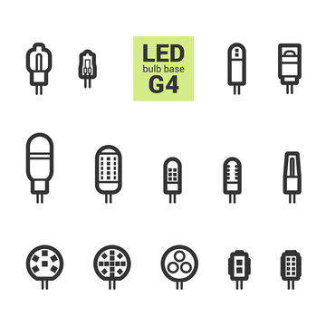 LED light bulbs with G4 base, vector outline icon set on white background