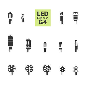 LED light bulbs with G4 base, vector silhouette icon set on white background