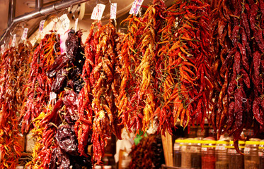 Bundles of peppers at market