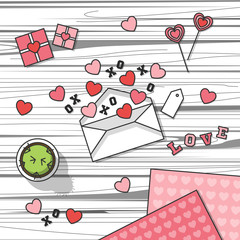 Valentine's day table with hearts and letter. Vector illustration.
