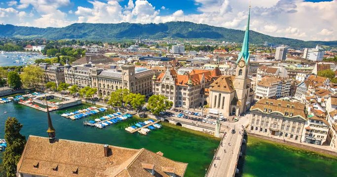 Historic Zurich city with famous Grossmunster Church, Limmat river and Zurich lake, Switzerland