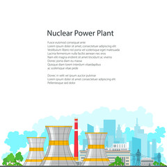Nuclear Power Plant on the Background of the City , Thermal Station on White Background, Nuclear Reactor and Power Lines, Poster Brochure Flyer Design, Vector Illustration