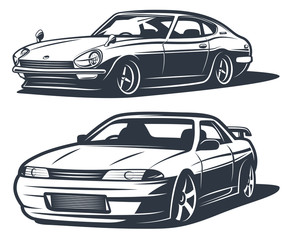 Japanese drift cars, monochrome isolate vector