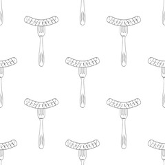 Vintage hand drawn fork with grilled sausage, sketch illustration cutlery tool, seamless pattern