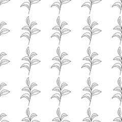 Green tea leaf illustration, branch organic hand drawing sketch, vertical seamless pattern