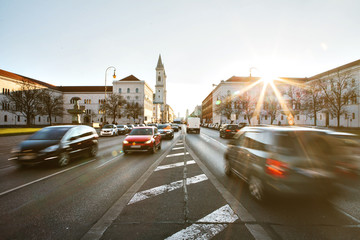 View of the road on the street Leopoldstrasse in Munich - the capital of Bavaria in Germany. Fast...