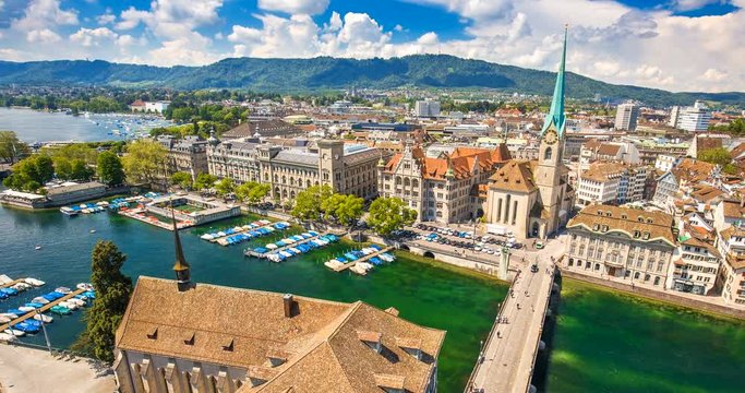 Historic Zurich city with famous Grossmunster Church, Limmat river and Zurich lake, Switzerland