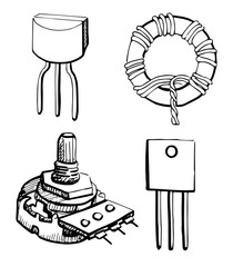 Set Electronic components: potentiometer, transistor, inductor isolated on white background. Vector illustration in a sketch style.