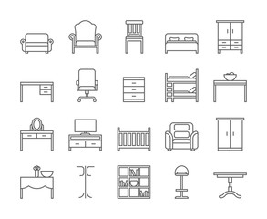 Home and office furniture interiors flat thin line icons