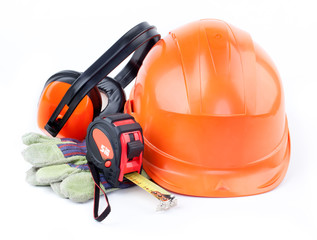 Orange plastic construction Helmet, roulette, gloves, headphones