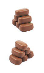 Chocolate coated toffee candy isolated