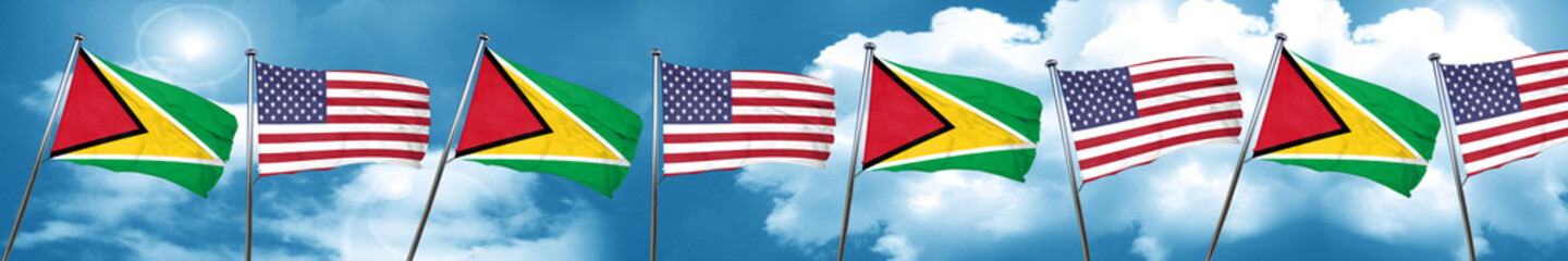 Guyana flag with American flag, 3D rendering