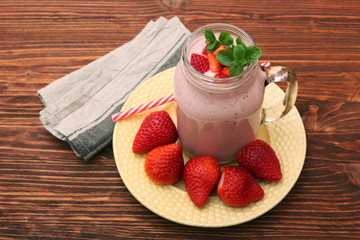Smoothie with strawberries and milk. Healthy eating concept.