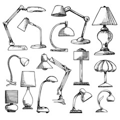 Set lamps isolated on white background. Vector illustration in a sketch style. © arkadiwna