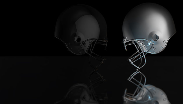 American football black and gray helmets on black dark background, 3d render