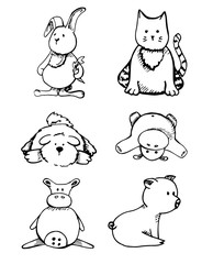 Set of different animals isolation on a white background. Vector illustration in a sketch style.