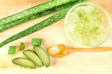 the sliced and leaf of fresh aloe vera on  wooden plate 