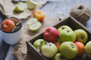 Apple on wooden board outdoors