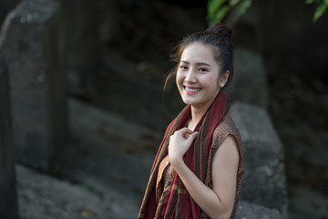 Portrait of Beautiful rural thai woman wear thai dress