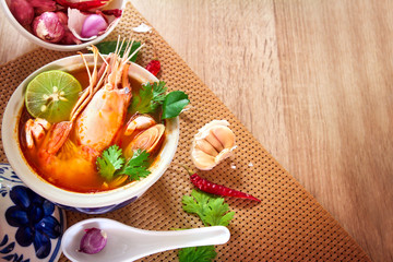 Close up Asian Spicy soup with shrimp in  bowl , famous Thai foo