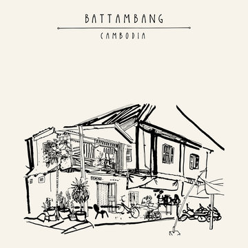 Battambang, Cambodia, Southeast Asia. Residential house and cafe. Travel sketch. Vintage handdrawn touristic postcard, poster, book illustration