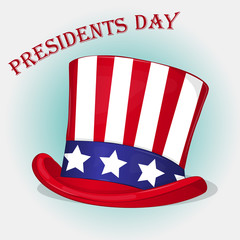 Presidents Day background with Patriotic Uncle Sam Hat. Holiday poster or placard template in cartoon style. Vector illustration. Holiday Collection.