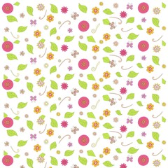 Floral background, red, violet, orange, yellow, pink flowers, butterfly, green leafs, swirls on white, stock vector illustration