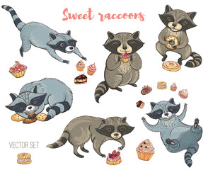 Vector set of cute raccoons with cakes