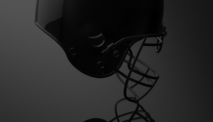 American football black helmet on black dark background, 3d render