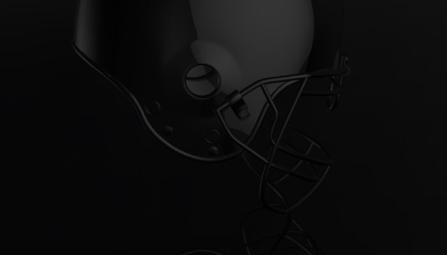 American football black helmet on black dark background, 3d render