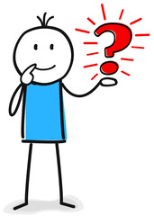 Figur denkt nach und sucht eine Idee mit Fragezeichen in der Hand