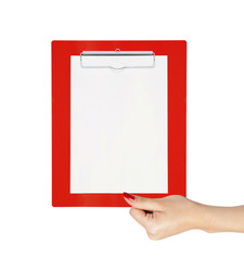 Clipboard with blank paper in woman hand isolated on white