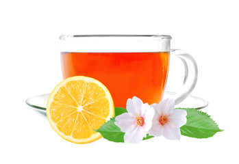 Glass cup tea with lemon and jasmine flowers isolated on a white