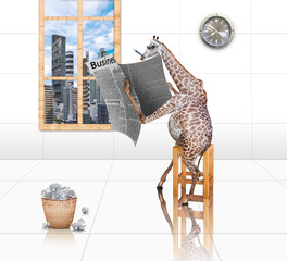 Giraffes are reading financial newspapers.Photo combination conc