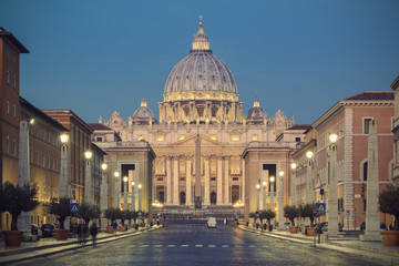 Fototapeta premium St. Peters Basilica (Basilica di San Pietro) in Vatican City in the morning before sunrise, Rome, Italy, Europe, vintage filtered style