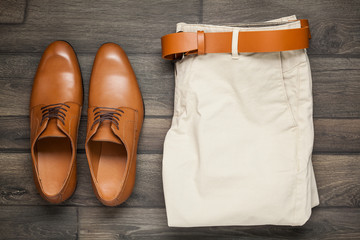 Men's Accessories. Shoes. On the wooden floor. For your design.