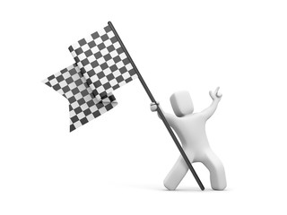 3d man holding a black and white checkered flag. 3d people collection. 3d illustration